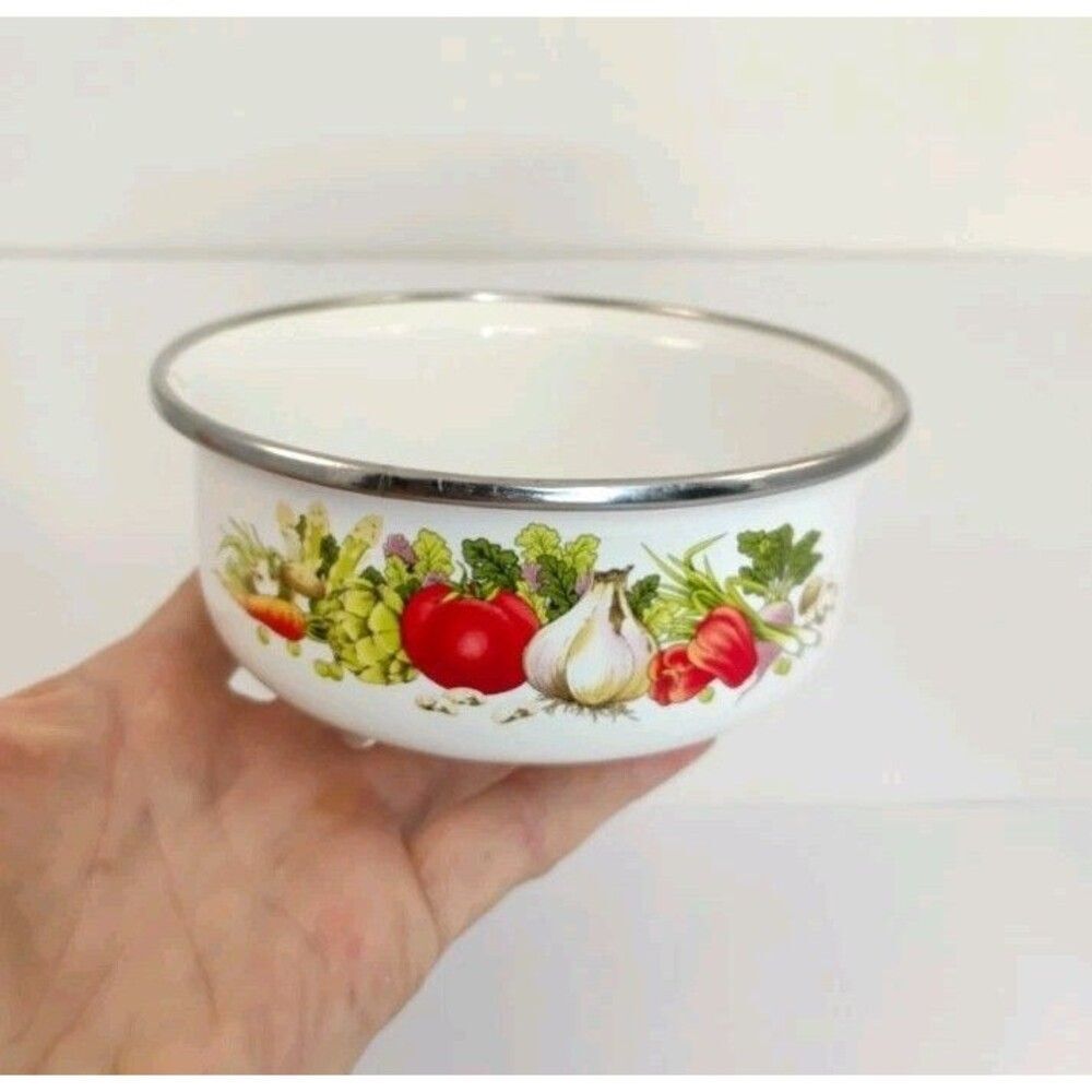 Vintage Enamelware Metal Nesting Bowl  Mushroom and Vegetable Design